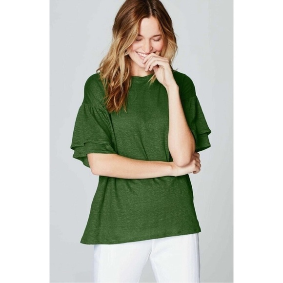 J. Jill Love Linen Flutter Ruffle Stacked Sleeve Forest Green Short Sleeve Top - Picture 1 of 10